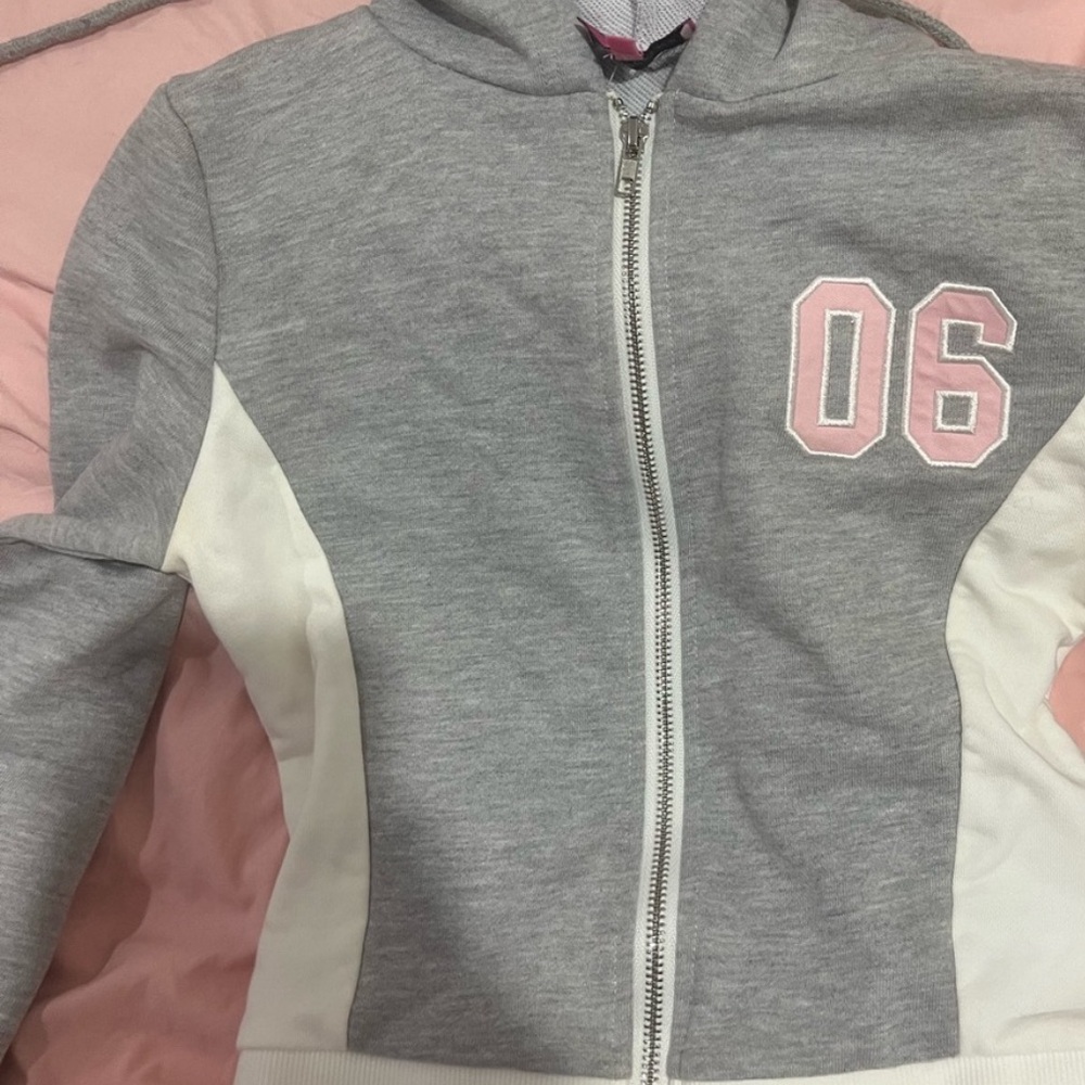 Gray and White Varsity Jacket with Pink Detail